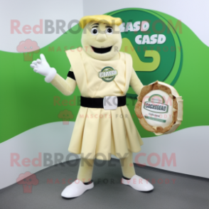 Cream Caesar Salad mascot costume character dressed with a Circle Skirt and Briefcases