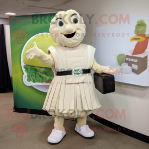 Cream Caesar Salad mascot costume character dressed with a Circle Skirt and Briefcases