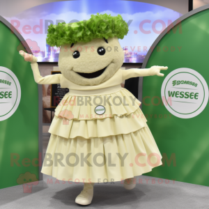 Cream Caesar Salad mascot costume character dressed with a Circle Skirt and Briefcases