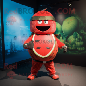 Red Melon mascot costume character dressed with a Rash Guard and Belts