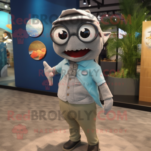 Gray Tuna mascot costume character dressed with a Romper and Eyeglasses