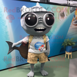 Gray Tuna mascot costume character dressed with a Romper and Eyeglasses