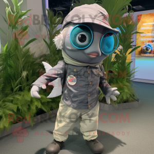 Gray Tuna mascot costume character dressed with a Romper and Eyeglasses