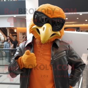 Orange Haast'S Eagle mascot costume character dressed with a Leather Jacket and Sunglasses