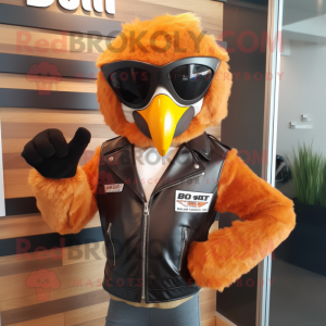 Orange Haast'S Eagle mascot costume character dressed with a Leather Jacket and Sunglasses