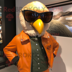 Orange Haast'S Eagle mascot costume character dressed with a Leather Jacket and Sunglasses