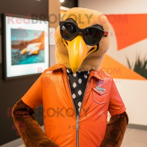 Orange Haast'S Eagle mascot costume character dressed with a Leather Jacket and Sunglasses