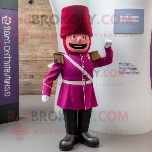 Magenta British Royal Guard mascot costume character dressed with a Overalls and Cummerbunds