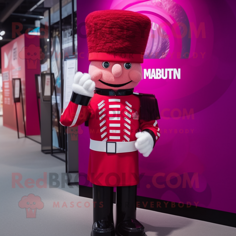 Magenta British Royal Guard mascot costume character dressed with a Overalls and Cummerbunds