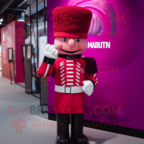 Magenta British Royal Guard mascot costume character dressed with a Overalls and Cummerbunds