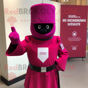 Magenta British Royal Guard mascot costume character dressed with a Overalls and Cummerbunds