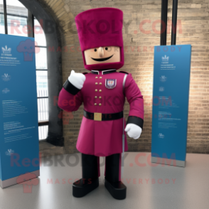 Magenta British Royal Guard mascot costume character dressed with a Overalls and Cummerbunds