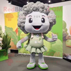 Gray Cauliflower mascot costume character dressed with a Mini Dress and Suspenders