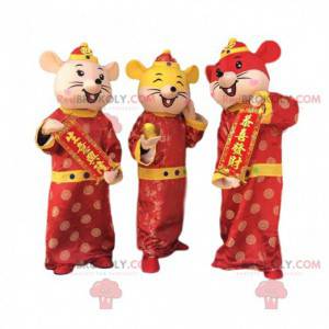 3 colorful mouse mascots, Chinese New Year costumes -