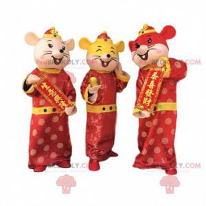 3 farverige musemaskotter, kinesiske nytårsdragter -