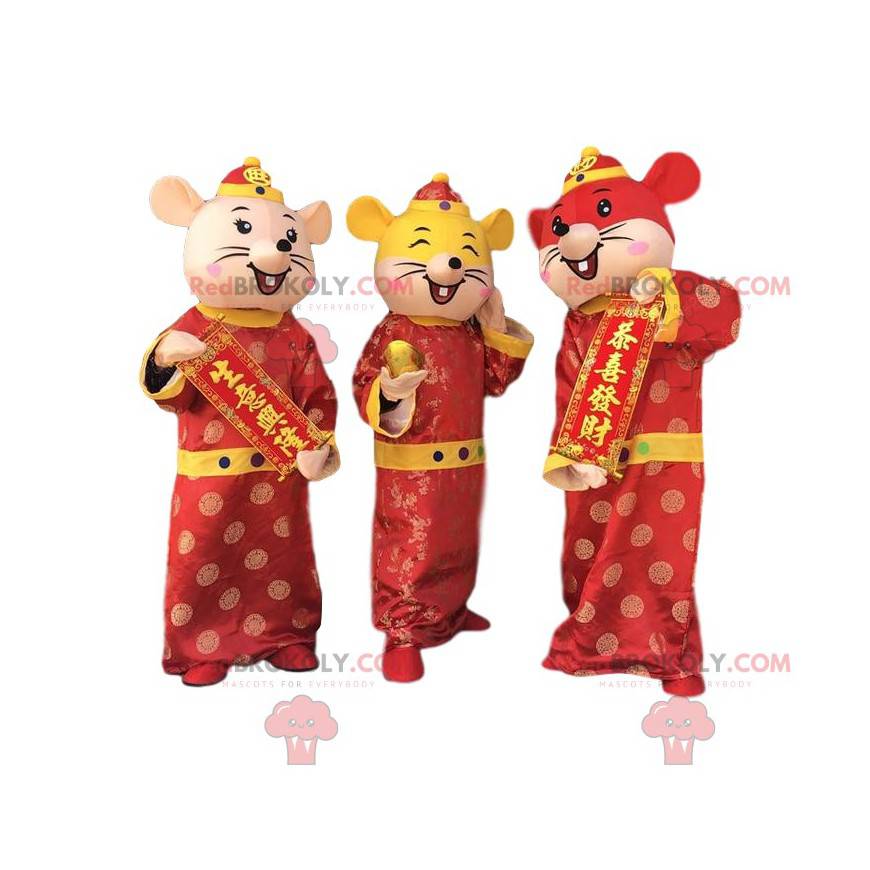 3 farverige musemaskotter, kinesiske nytårsdragter -