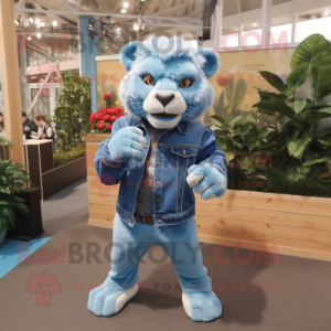 Cyan Smilodon mascot costume character dressed with a Denim Shirt and Scarves