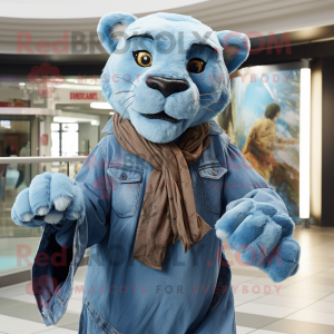 Cyan Smilodon mascot costume character dressed with a Denim Shirt and Scarves