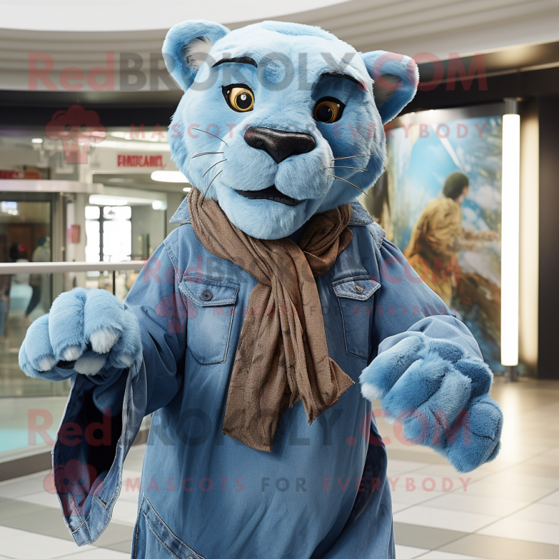 Cyan Smilodon mascot costume character dressed with a Denim Shirt and Scarves Cyan Smilodon mascot costume character dressed with a Denim Shirt and Scarves
