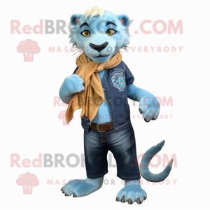 Cyan Smilodon mascot costume character dressed with a Denim Shirt and Scarves