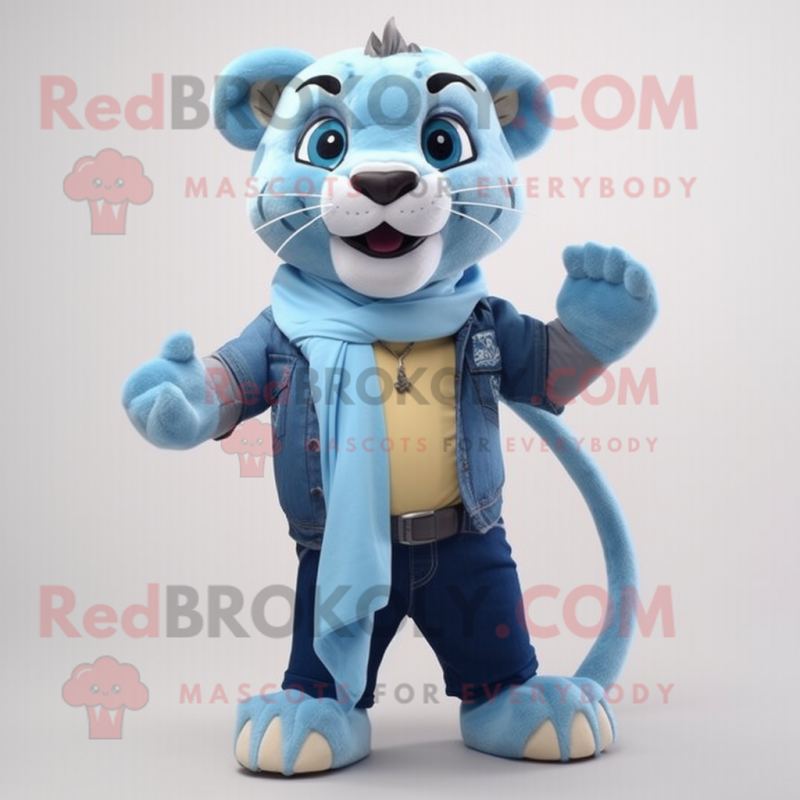 Cyan Smilodon mascot costume character dressed with a Denim Shirt and Scarves Cyan Smilodon mascot costume character dressed with a Denim Shirt and Scarves
