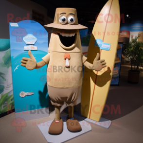 Tan Surfboard mascot costume character dressed with a Poplin Shirt and Coin purses