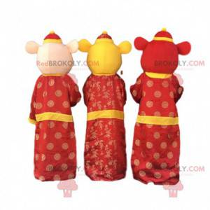 3 barevné myší maskoti, kostýmy čínského nového roku -