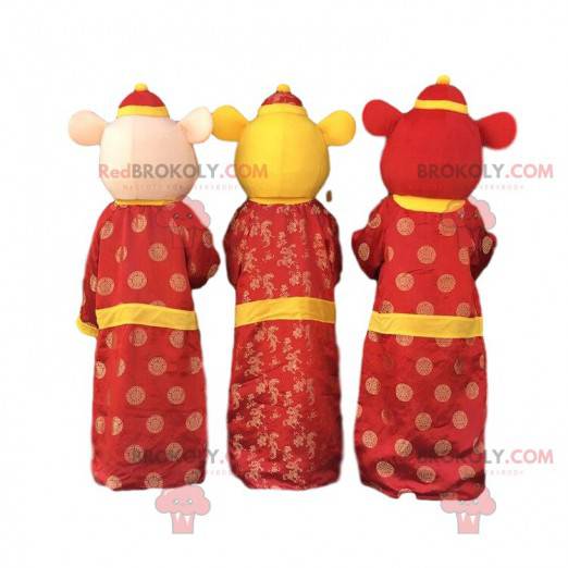 3 bunte Mausmaskottchen, chinesische Neujahrskostüme -