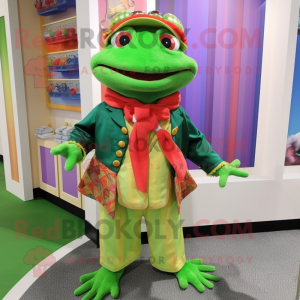 nan Frog mascot costume character dressed with a Bermuda Shorts and Shawl pins