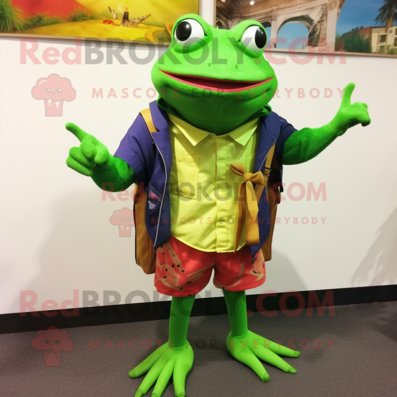 nan Frog mascot costume character dressed with a Bermuda Shorts and Shawl pins