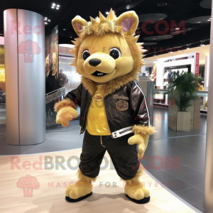 Gold Wild Boar mascot costume character dressed with a Jeggings and Hair clips