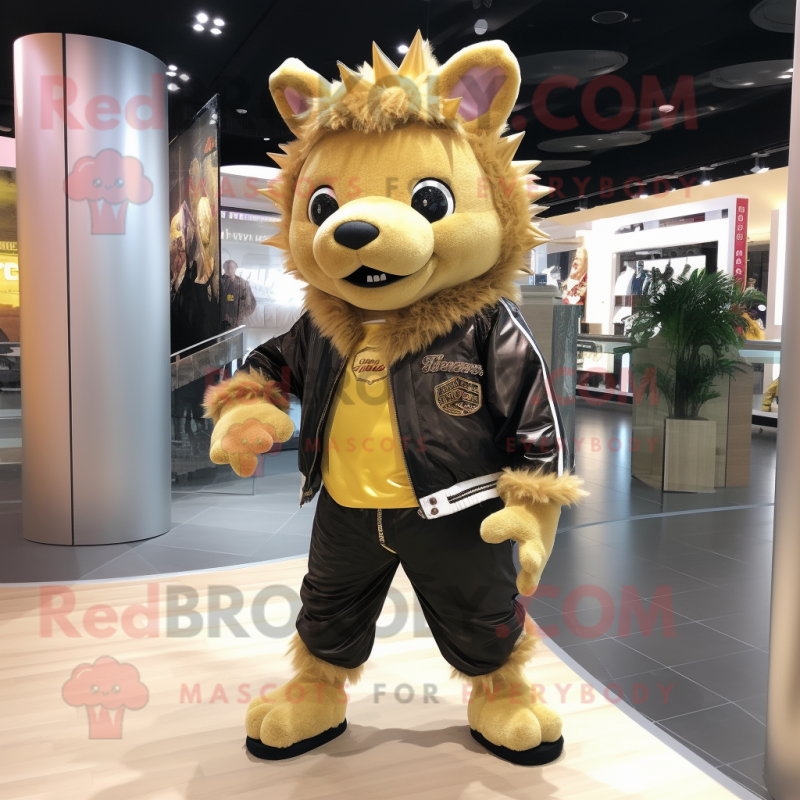 Gold Wild Boar mascot costume character dressed with a Jeggings and Hair clips Gold Wild Boar mascot costume character dressed with a Jeggings and Hair clips