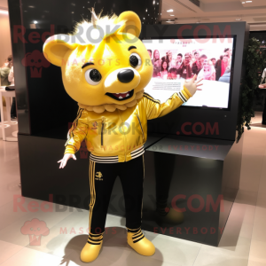 Gold Wild Boar mascot costume character dressed with a Jeggings and Hair clips