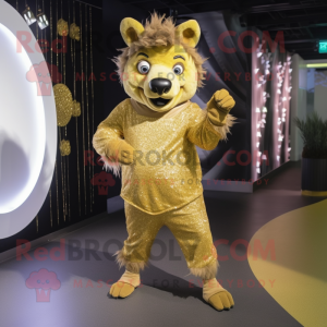 Gold Wild Boar mascot costume character dressed with a Jeggings and Hair clips