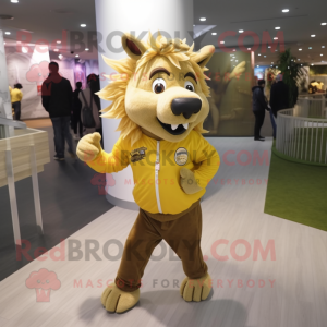 Gold Wild Boar mascot costume character dressed with a Jeggings and Hair clips