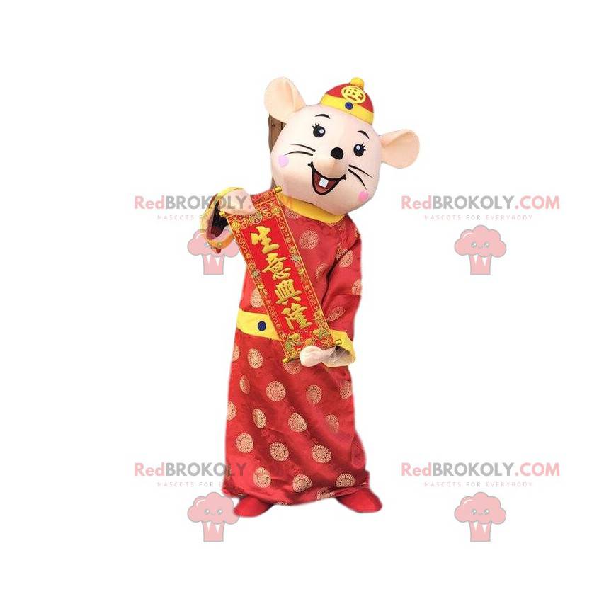 Mascotte de souris habillée en tenue asiatique, mascotte