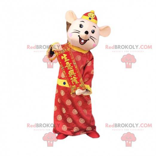 Mascota del ratón vestida con traje asiático, mascota festiva -