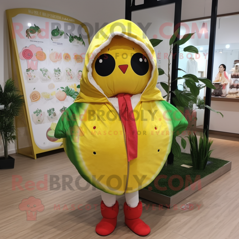 Lemon Yellow Strawberry mascot costume character dressed with a Parka and Shawls