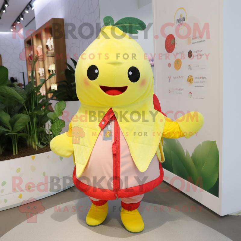 Lemon Yellow Strawberry mascot costume character dressed with a Parka and Shawls