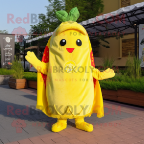 Lemon Yellow Strawberry mascot costume character dressed with a Parka and Shawls