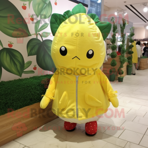 Lemon Yellow Strawberry mascot costume character dressed with a Parka and Shawls