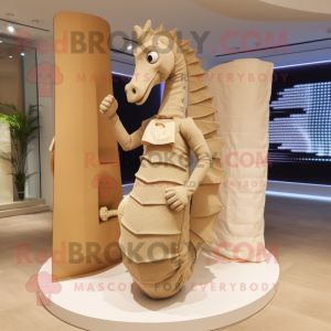 Beige Sea Horse mascot costume character dressed with a Sheath Dress and Clutch bags