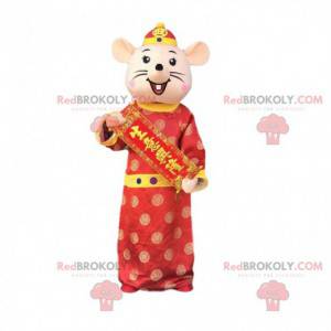 Mascotte de souris habillée en tenue asiatique, mascotte