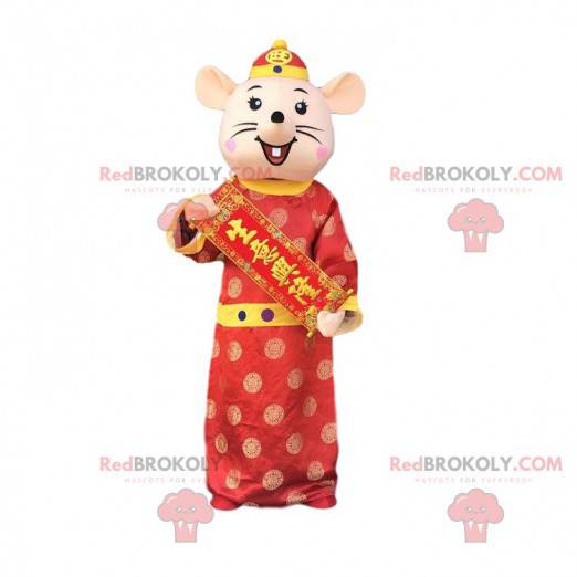 Muismascotte gekleed in Aziatische outfit, feestelijke mascotte