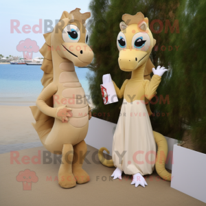 Beige Sea Horse mascot costume character dressed with a Sheath Dress and Clutch bags