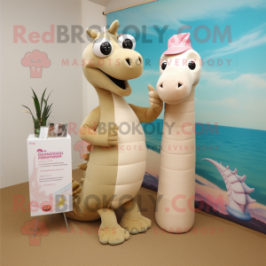 Beige Sea Horse mascot costume character dressed with a Sheath Dress and Clutch bags