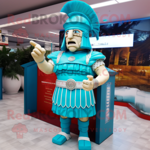 Cyan Roman Soldier mascot costume character dressed with a Mini Skirt and Tie pins