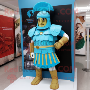 Cyan Roman Soldier mascot costume character dressed with a Mini Skirt and Tie pins