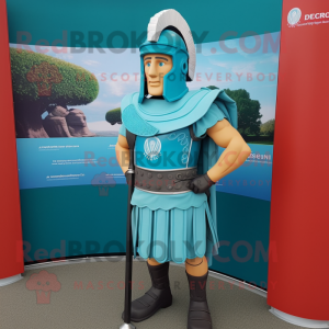 Cyan Roman Soldier mascot costume character dressed with a Mini Skirt and Tie pins