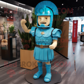 Cyan Roman Soldier mascot costume character dressed with a Mini Skirt and Tie pins